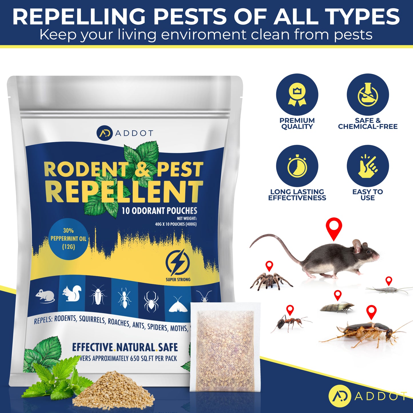 Rodent Mouse Repellent Indoor - Powerful Pest Repeller for Mice, Squirrels, Bats, and More - 10 Pack, 40g